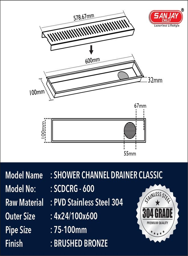 SANJAY CHILLY Classic Shower Channel Drainer Colour Collection Floor Drain with Cockroach Trap & Collar SS 304 Grade Washroom Gratings Drain Strainer (Brushed Bronze 24 x 4 INCH Side Hole) - Image 3